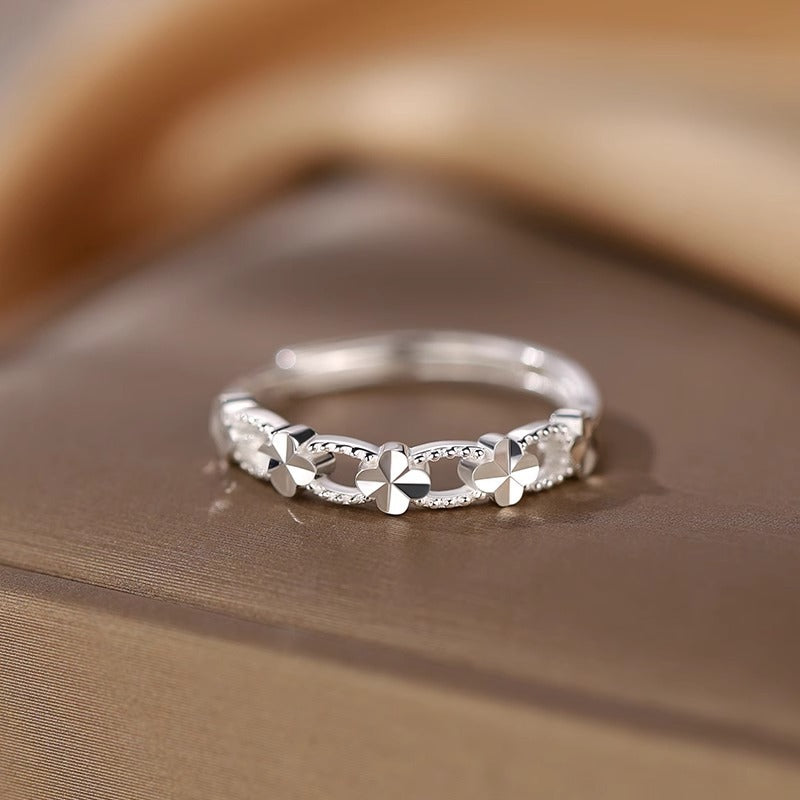 S999 Pure Silver Carved Flower Ring For Women, Light Luxury Minimalist Hollow Floral Forest Style, Premium Open Index Finger Ring