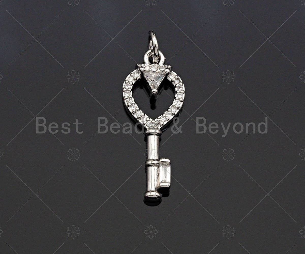 CZ Micro Pave Heart On Key Shape Pendant, Gold/Silver Plated Jewelry, Necklace Bracelet Charm Pendant, 14x28mm,sku#F1242