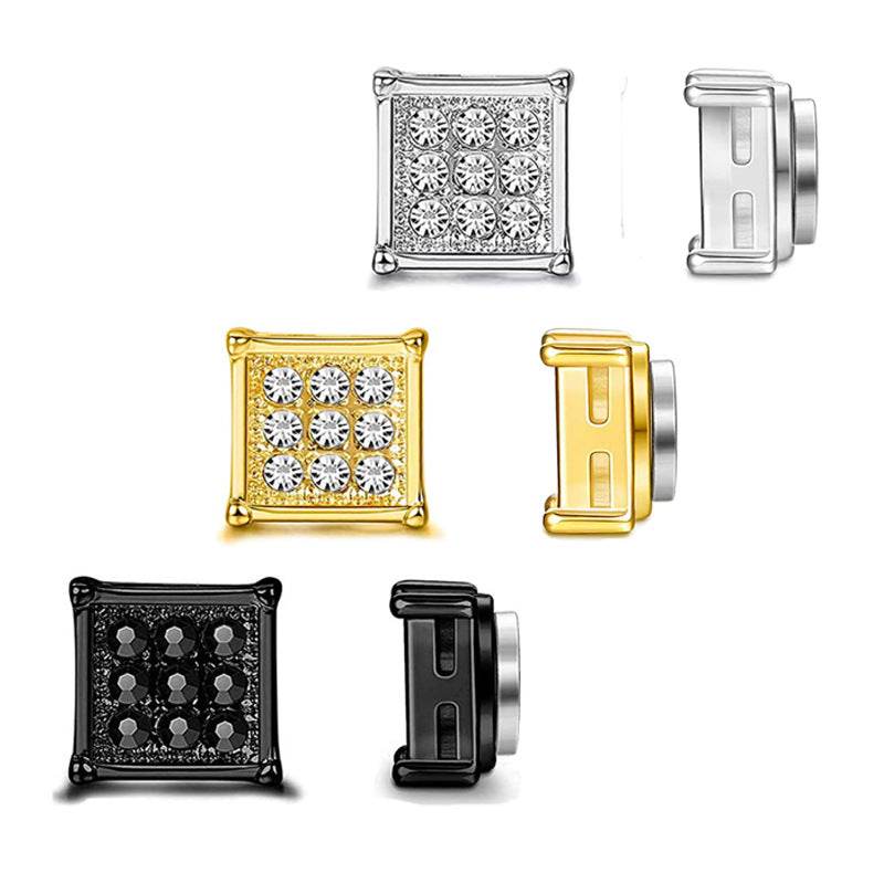 Magnetic Iced Out CZ Square Stud Earrings for Men Women, Non-Piercing Clip On Stainless Steel
