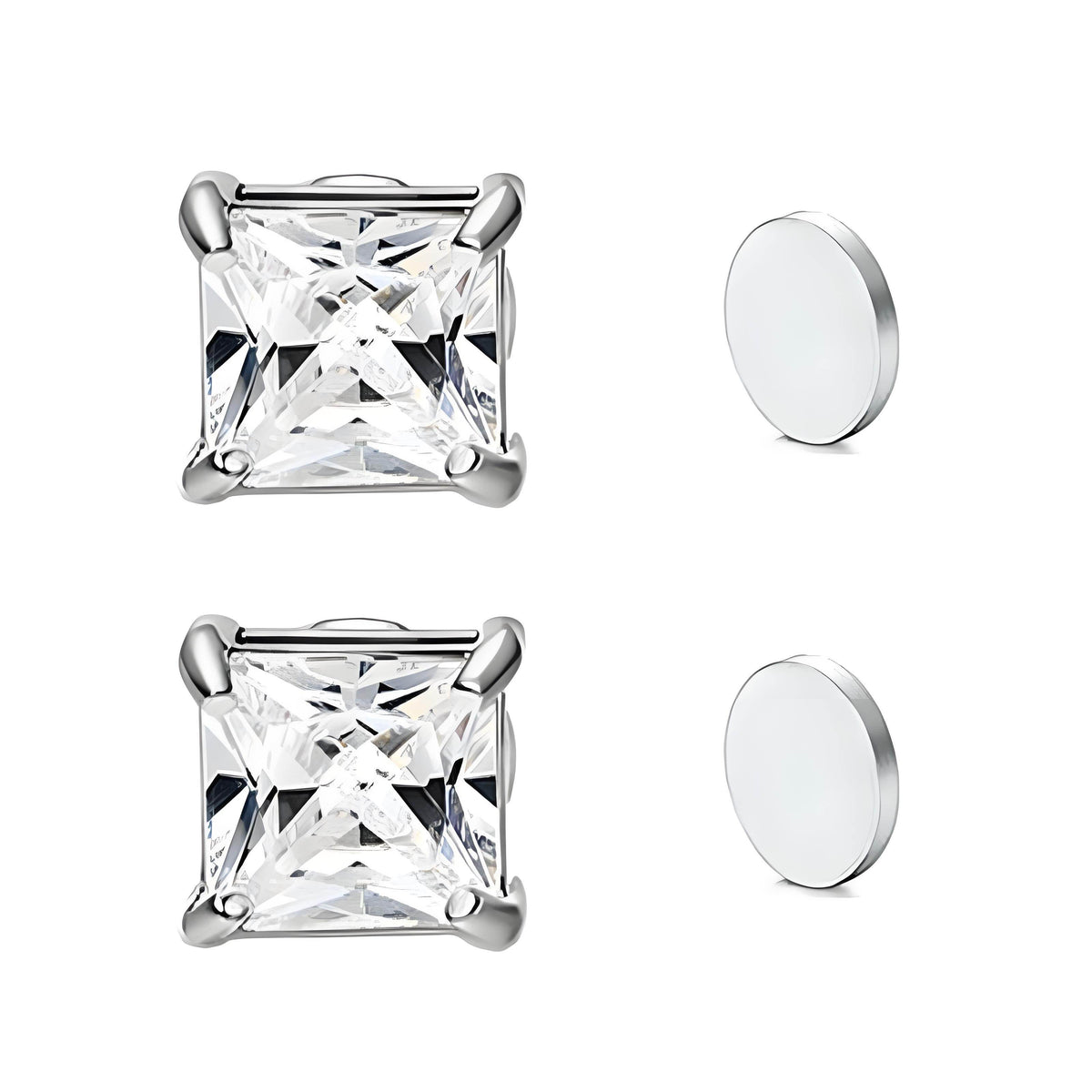 Magnetic Princess Cut CZ Stud Earrings for Men Women, Non-Piercing Clip On Studs, 6/8mm Square Cubic Zirconia Stainless Steel