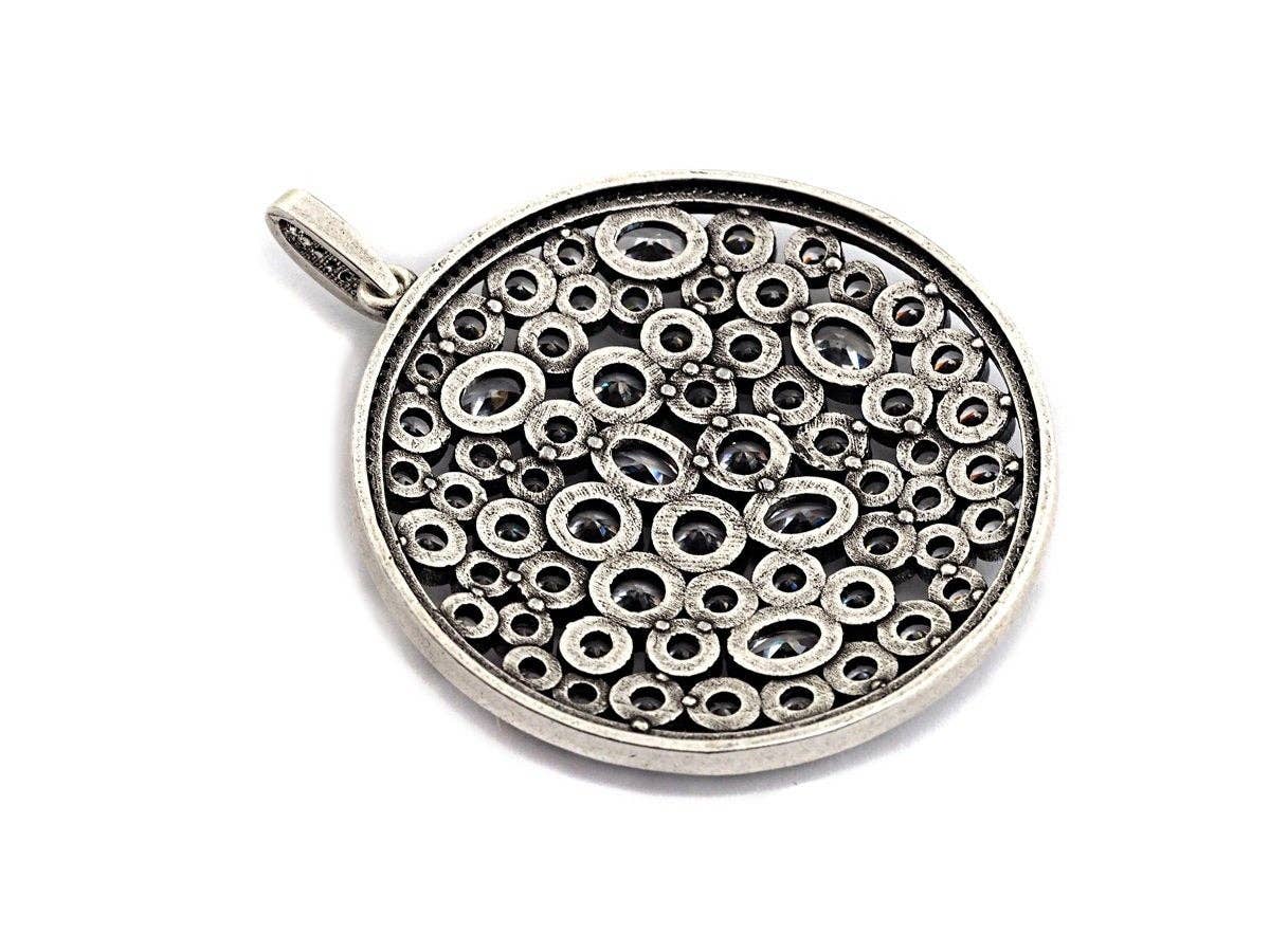 Anitique Finish CZ Micro Pave Large Round Pendant, Antique Silver Tone, Cubic Zirconia Big Pave Pendant, 49x53mm,sku#F979