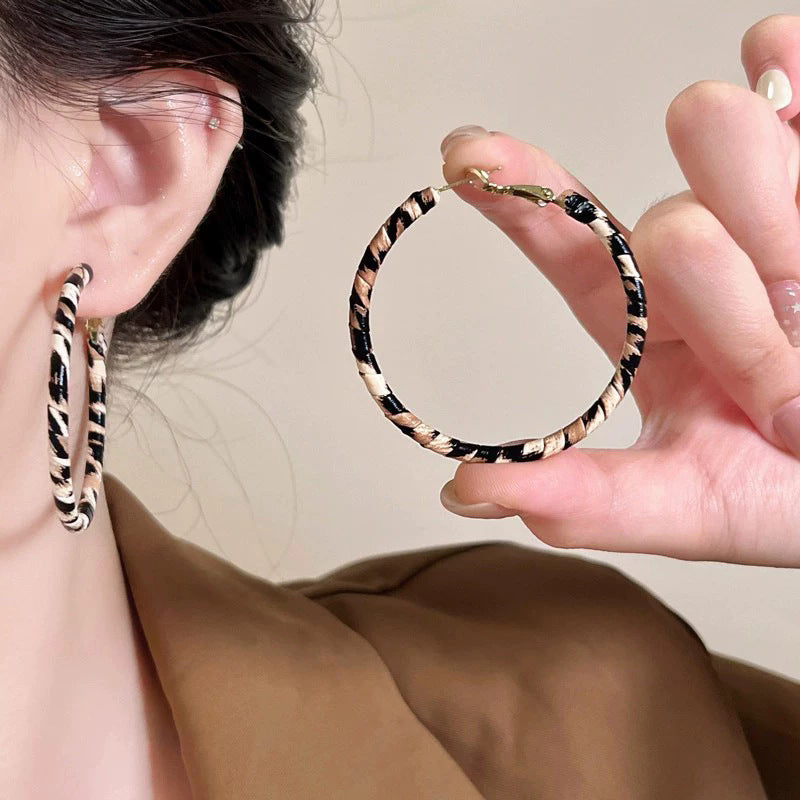Vintage Leopard Print Woven Hoop Earrings For Women, Dainty Zebra Stripe Large Circle Earrings, Y2K Retro Boho Statement Jewelry Gift