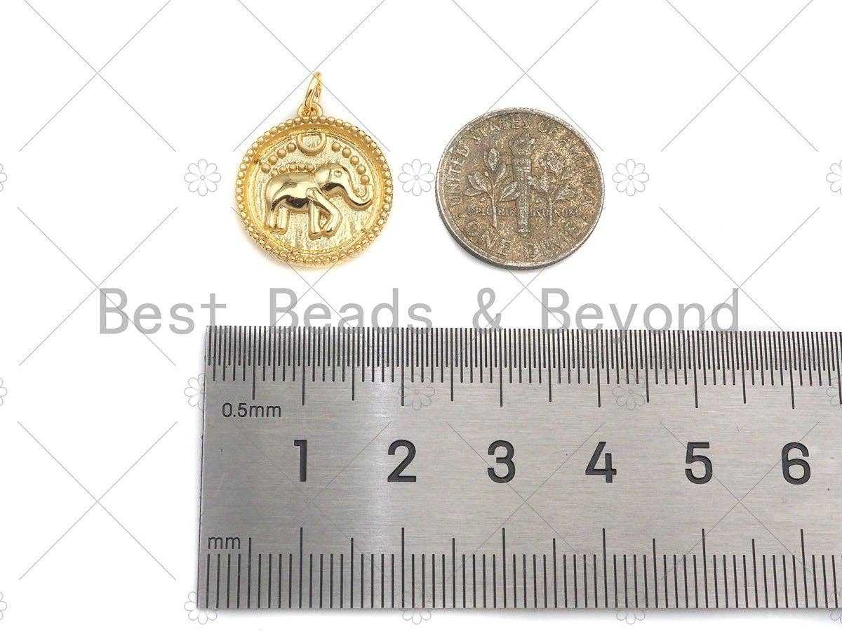 Dainty Gold Embossmen Elephant On Round Coin Shape Charms, Dainty Charms, Gold Elephant Pendant, Necklace Charms, 17x19mm, Sku#F1325