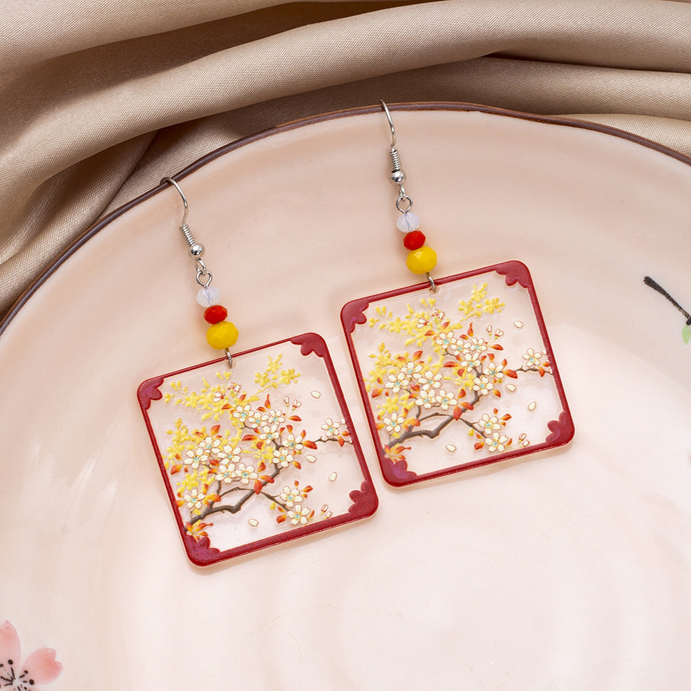 Designer Geometric Square Womens Branch And Flower Transparent Acrylic Earrings