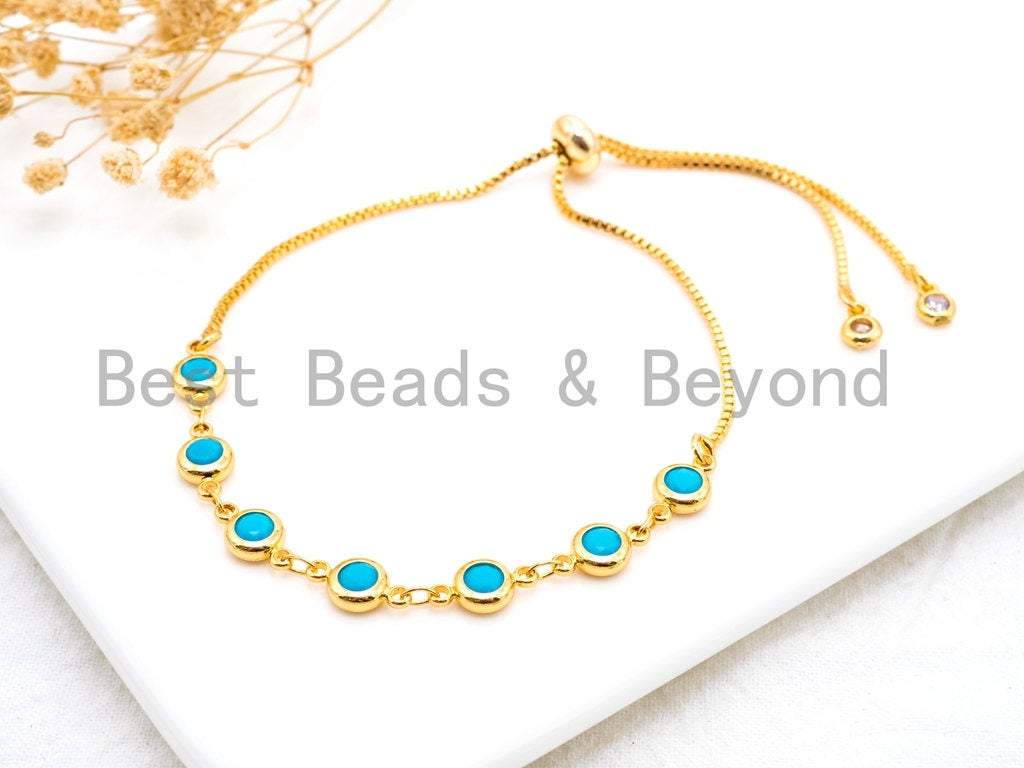 Adjustable Evil Eye Bracelet, Chain bracelet, Link Bracelet, 6mm Turquoise beaded bracelet, Gold Silver Gunmetal Bracelet, SKU#A50