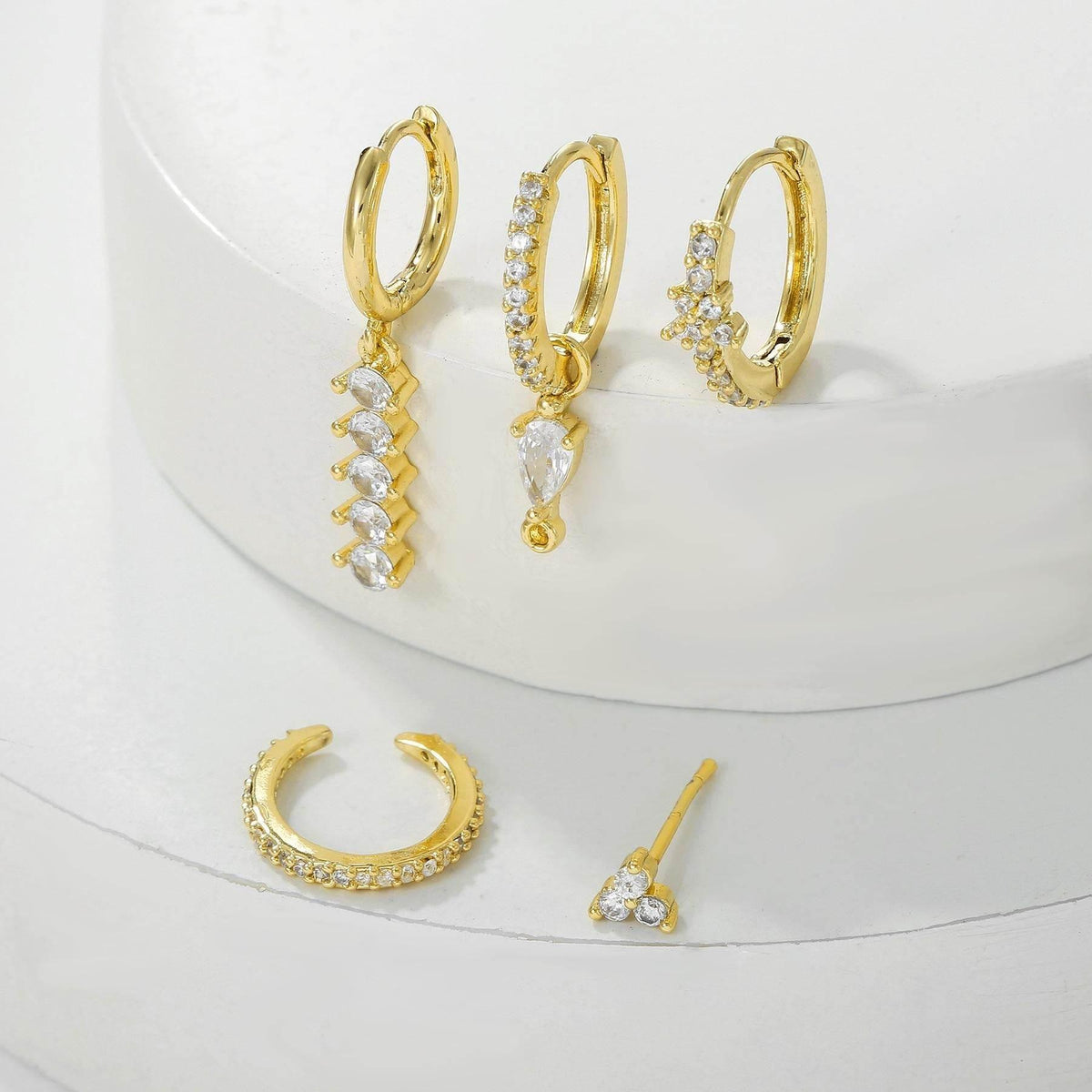 Stacking 5 Pieces Simple Clover Single-Row Serrated Ear Cuff Earring Set, 18k Gold-Plated  Teardrop Zircon Earrings, S925 Needle