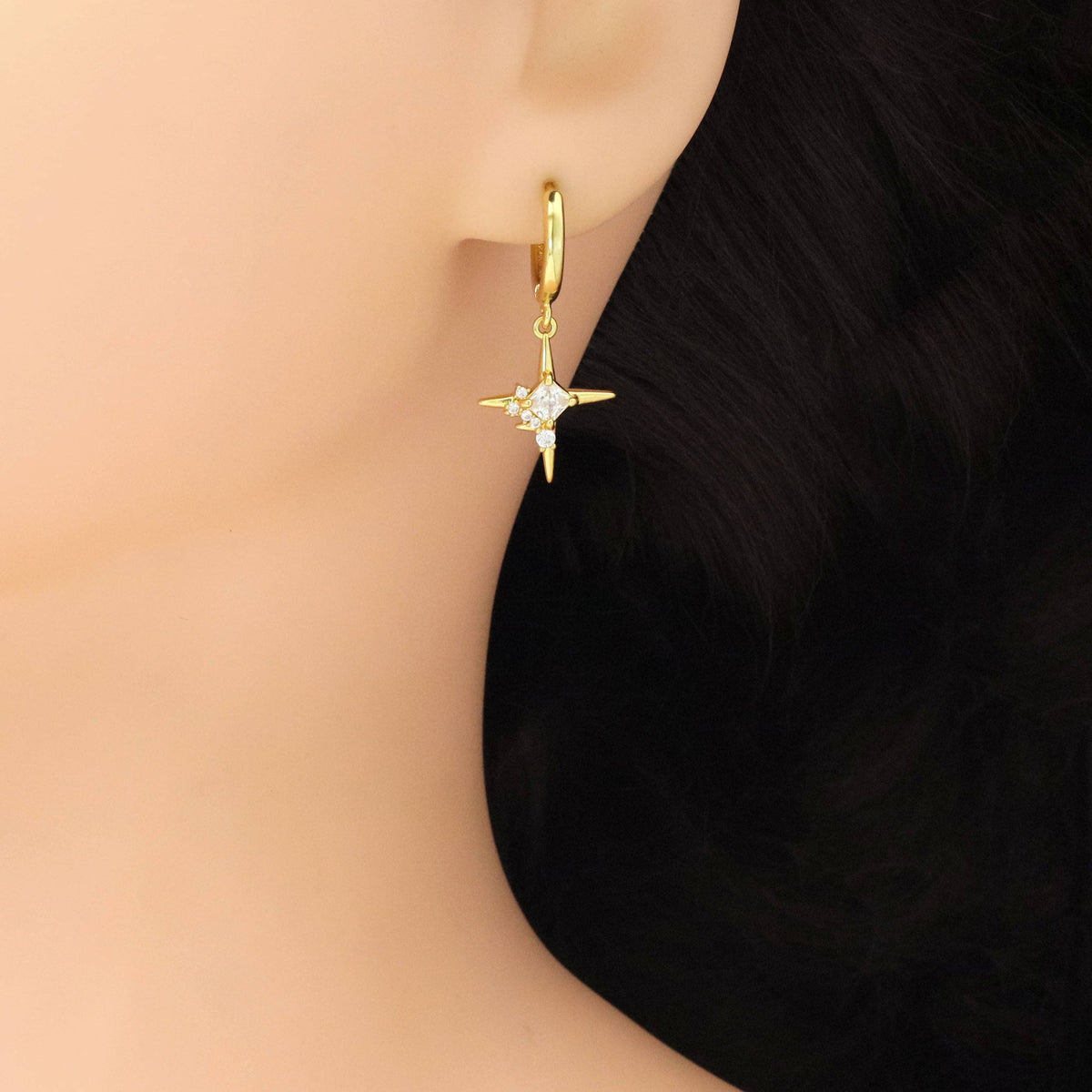 Clear CZ North Star Gold Silver Earrings, Sku#A207