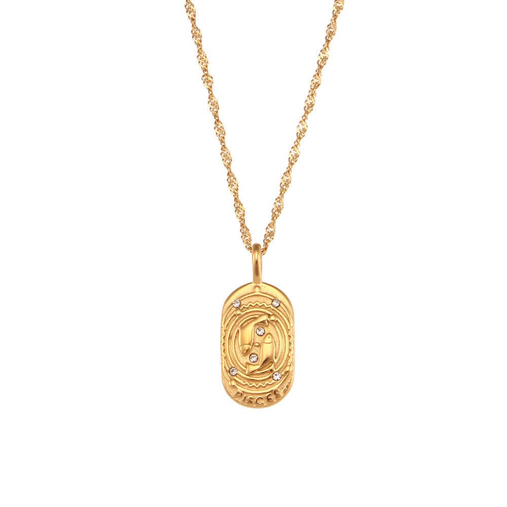 European And American Ins Fashion Minimalist Retro Pendant Jewelry Stainless Steel Cast Oval Brand Zircon Constellation Necklace