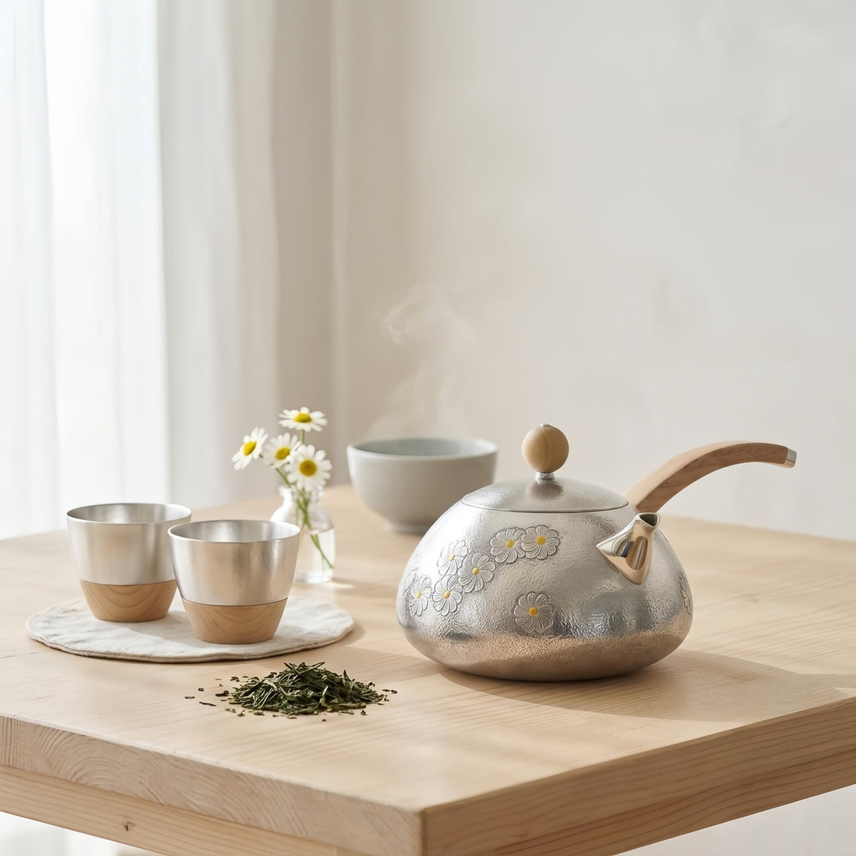 Pure 999 Fine Silver Hand-Hammered Silver Teapot with Delicate Floral Engravings and Sandalwood Handle - Handicraft