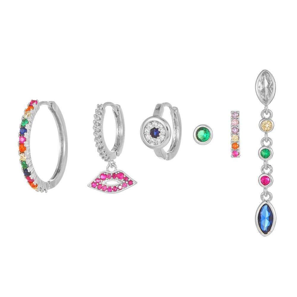 Multi Sets of Blue Flower Pierced Earrings, 4-6pcs, 18k Gold Plated Stud Drop Hoop Huggie Cuff Chain, S925 Needle