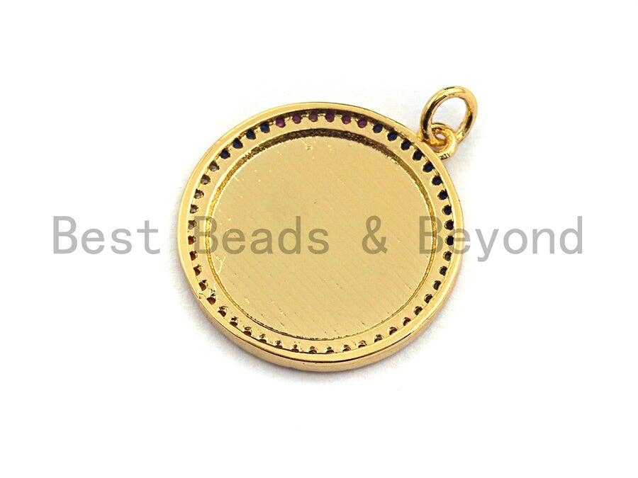 Colorful CZ Micro Pave Round Gold Coin Pendant, Coin Shaped Pave Pendant, Gold plated,21x23mm, Sku#F870