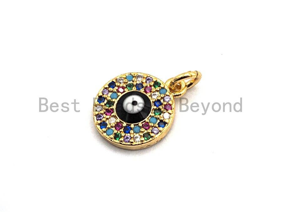 CZ Colorful Micro Pave Round With Evil Eye Pendant, Coin Shaped Pave Pendant, Gold plated, 10x12mm, Sku#F842