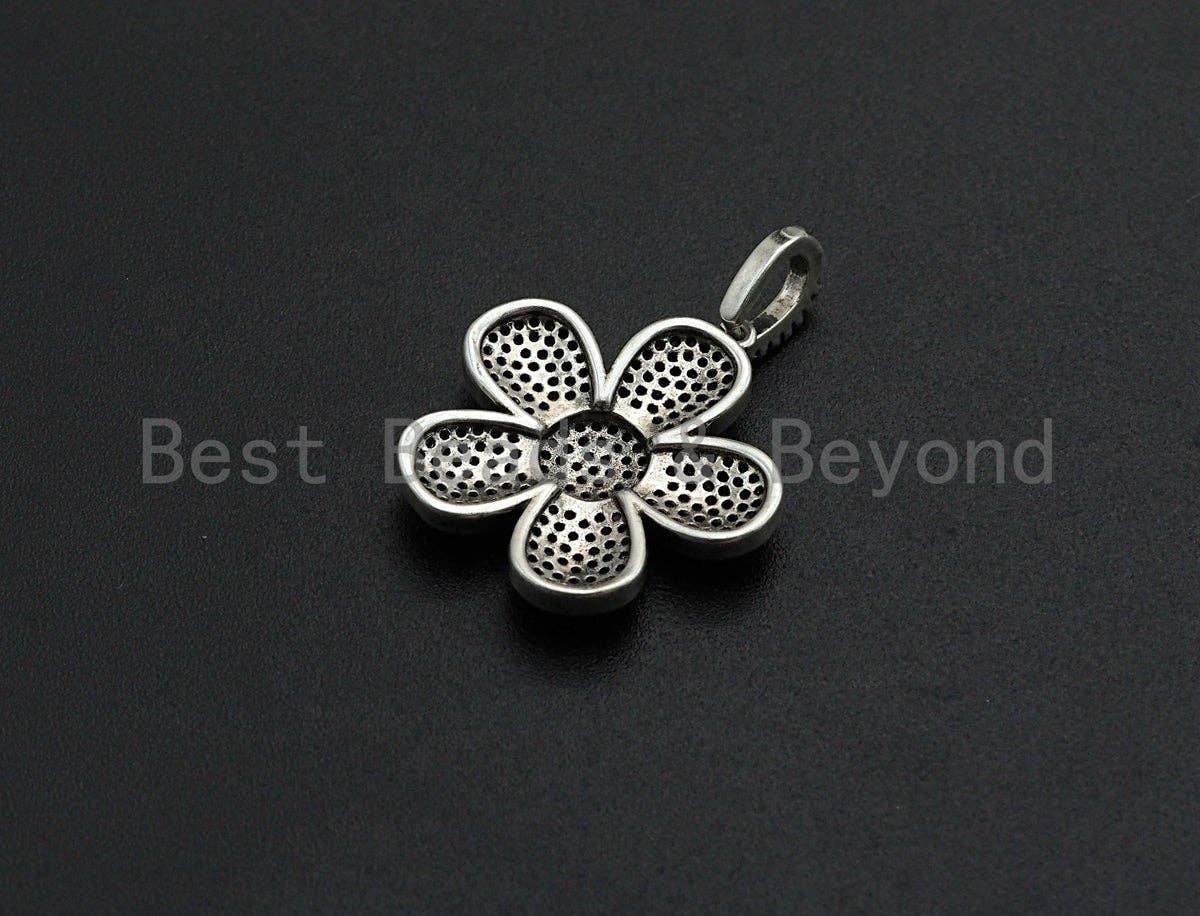 Antique Silver CZ Micro Pave Flower Pendant, Antique Silver Tone, Cubic Zirconia Pave Daisy Flower Charm Pendant, 24x26mm,sku#F1031
