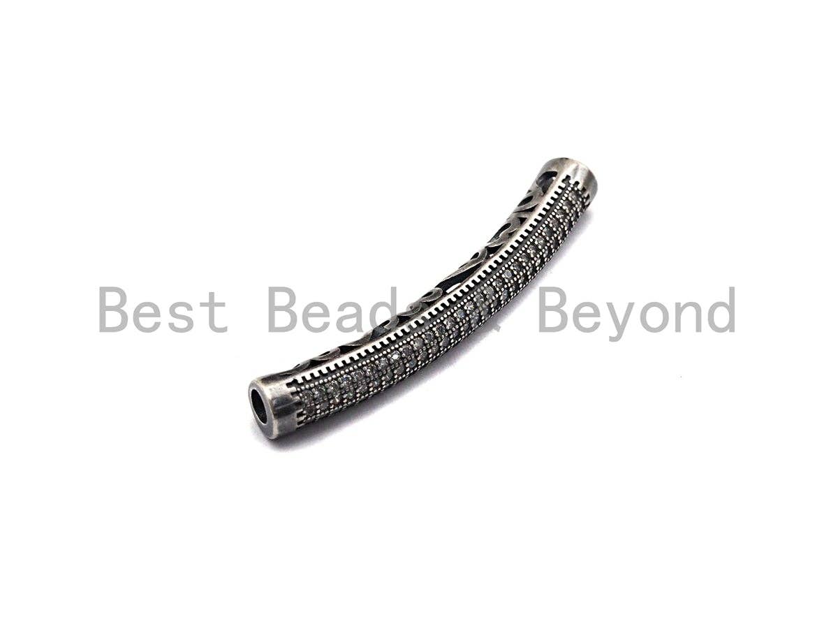 Antique Silver Color CZ Micro Pave Tube for Bracelet/Necklace, Cubic Zirconia Separator Tube in Oxidized Silver, 5x40mm, sku#X123