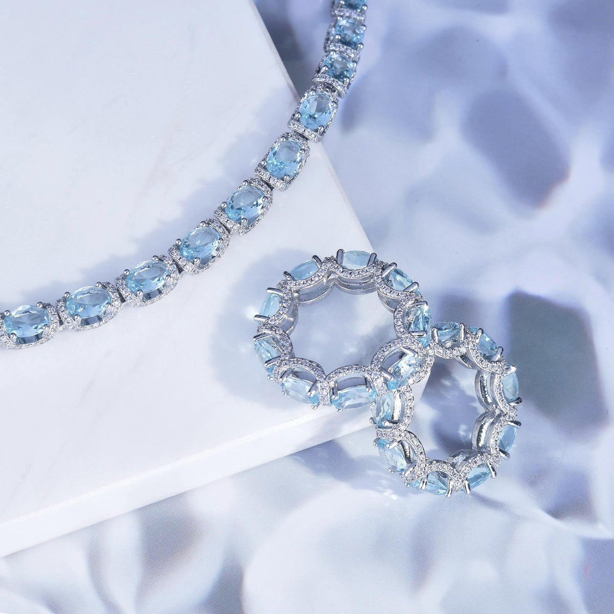 Oval Aquamarine Halo Tennis Bracelet, Luxury Blue Gem Bracelet For Women