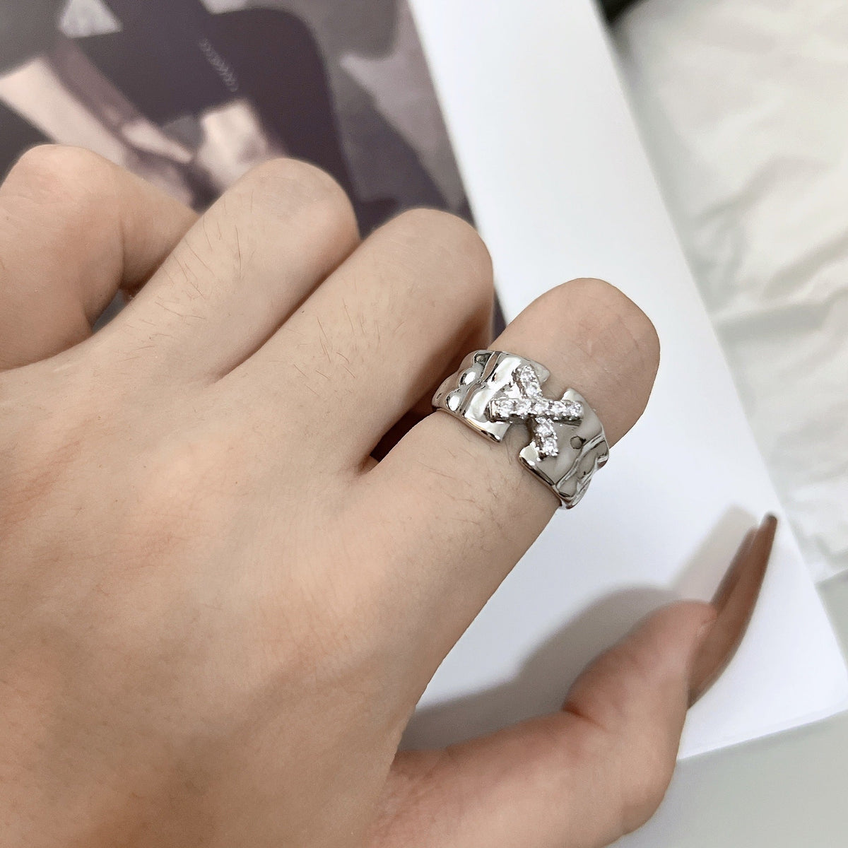 Niche Design Star Couple Rings, Korean INS Style, Zircon Inlaid Letter Texture Ring, Fashion Personality Ring For Men