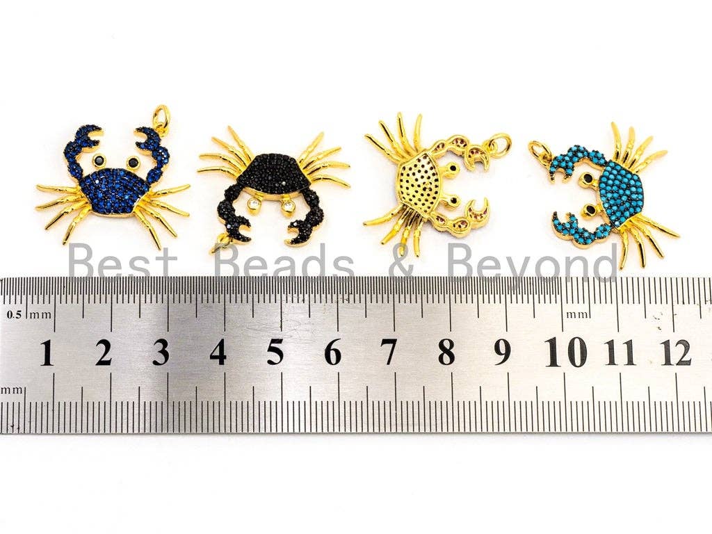 CRAB Inspired Charm, CZ Micro Pave Fuchsia/Black/Turquoise/Cobalt/Blue Crab Pendant, Cubic Zirconia Pendant,Gold Plated,23x28x3mm,SKU#F449