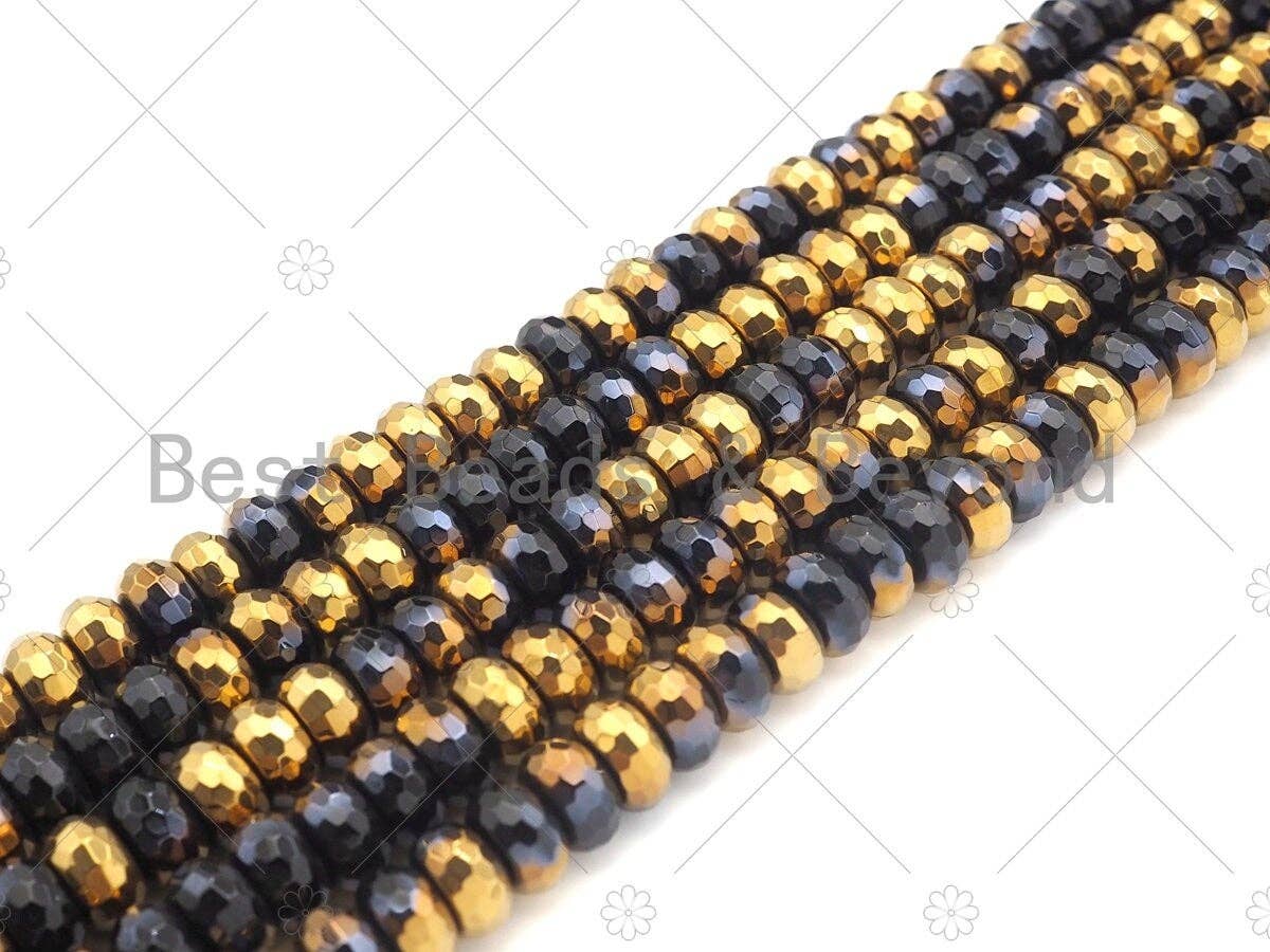New!!! Half Gold Plated Natural Black Onyx Faceted Rondelle Beads, 4x6mm/5x8mm/6x10mm Black Onyx, 15.5'' Full Strand, Sku#UA214