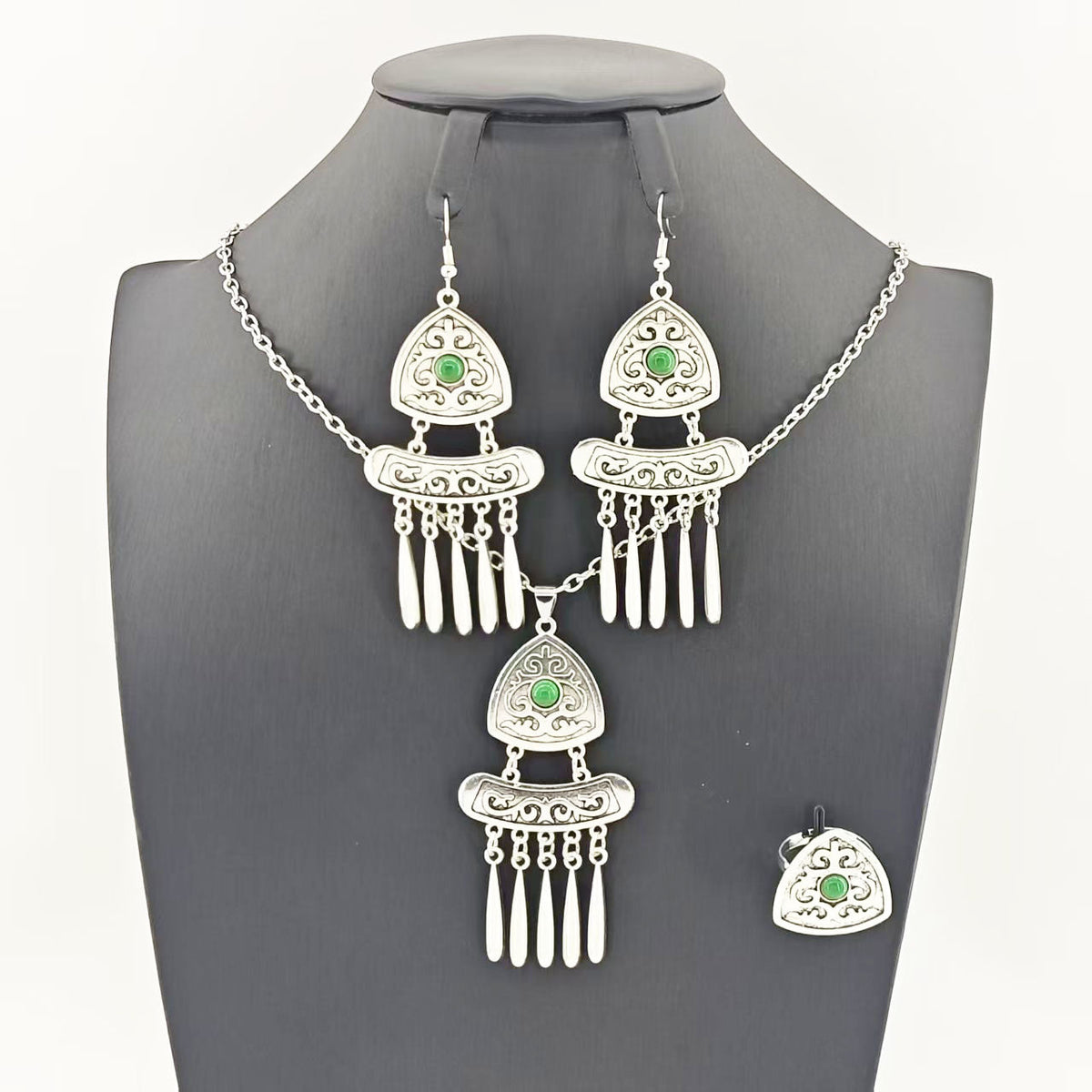 Vintage Bohemian Ethnic Long Tassel Jewelry Set - Retro Exotic Necklace Earrings Ring Set For Women