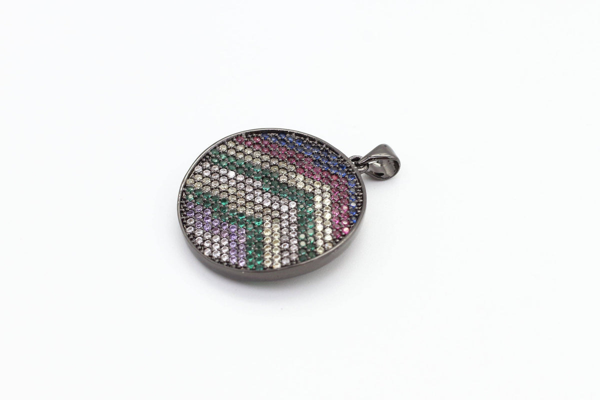 CZ Micro Pave Mixed Color Zigzag Round Disc Pendant, Cubic Zirconia Necklace Pendant, 25x31mm, sku#F3