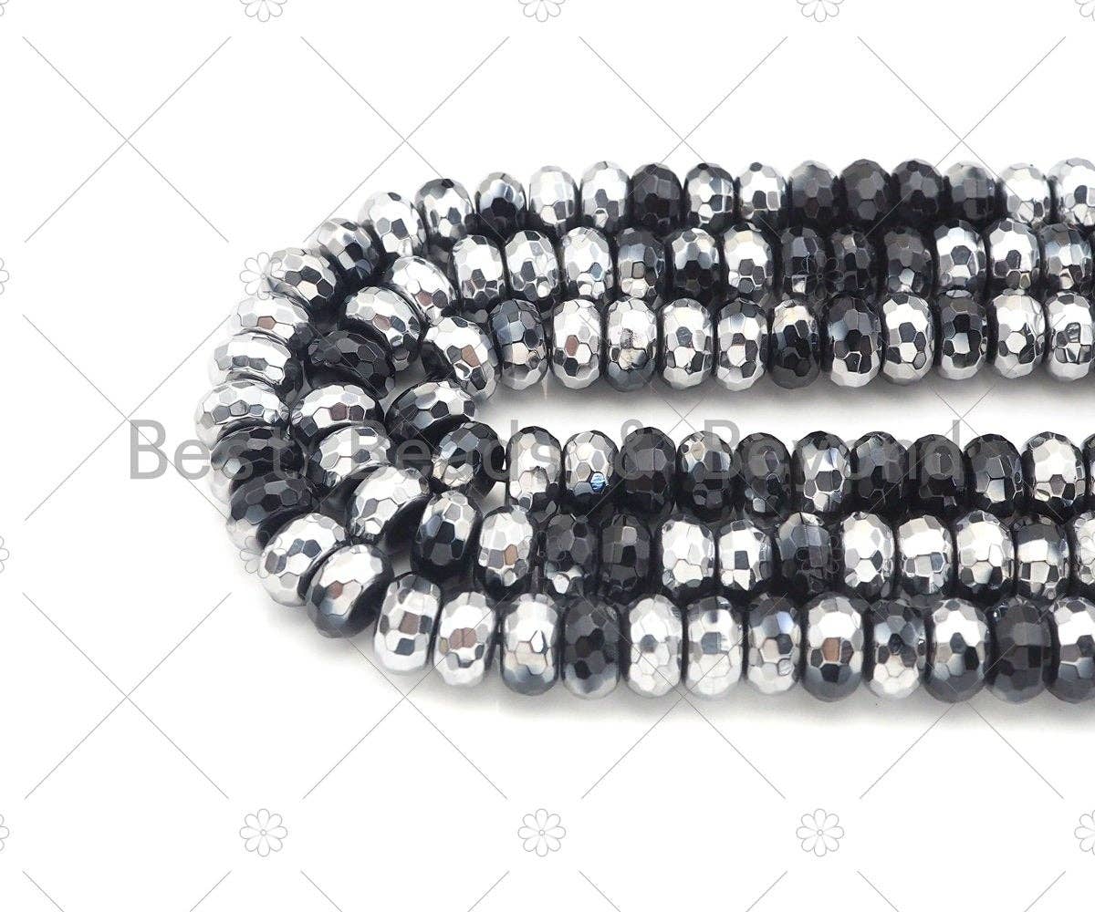 New!!! Half Silver Plated Natural Black Onyx Faceted Rondelle Beads, 4x6mm/5x8mm/6x10mm Black Onyx, 15.5'' Full Strand, Sku#UA213