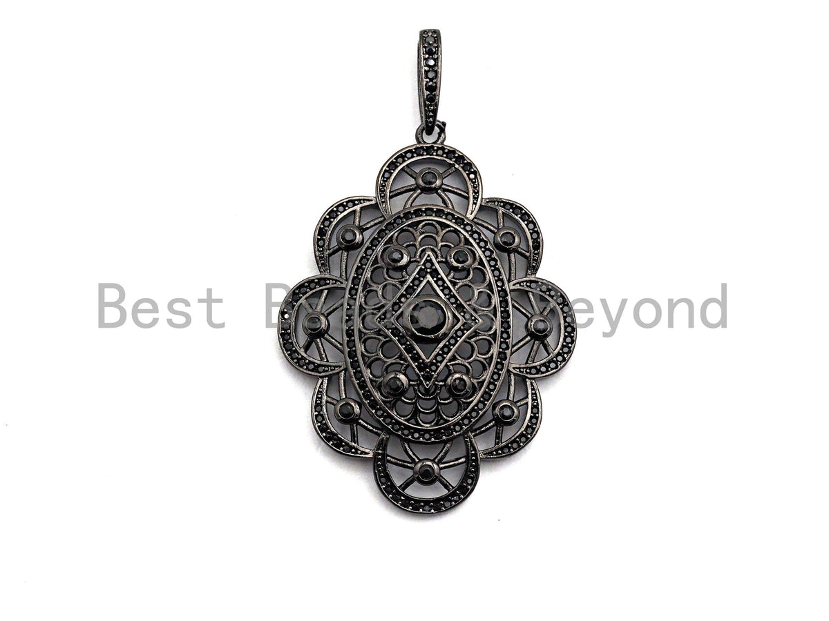 CZ Clear/Black Micro Pave Symmetric Filigree Flower Pendant, Gold/Rose Gold/Silver/Gunmetal plated, 34x45mm, Sku#F787