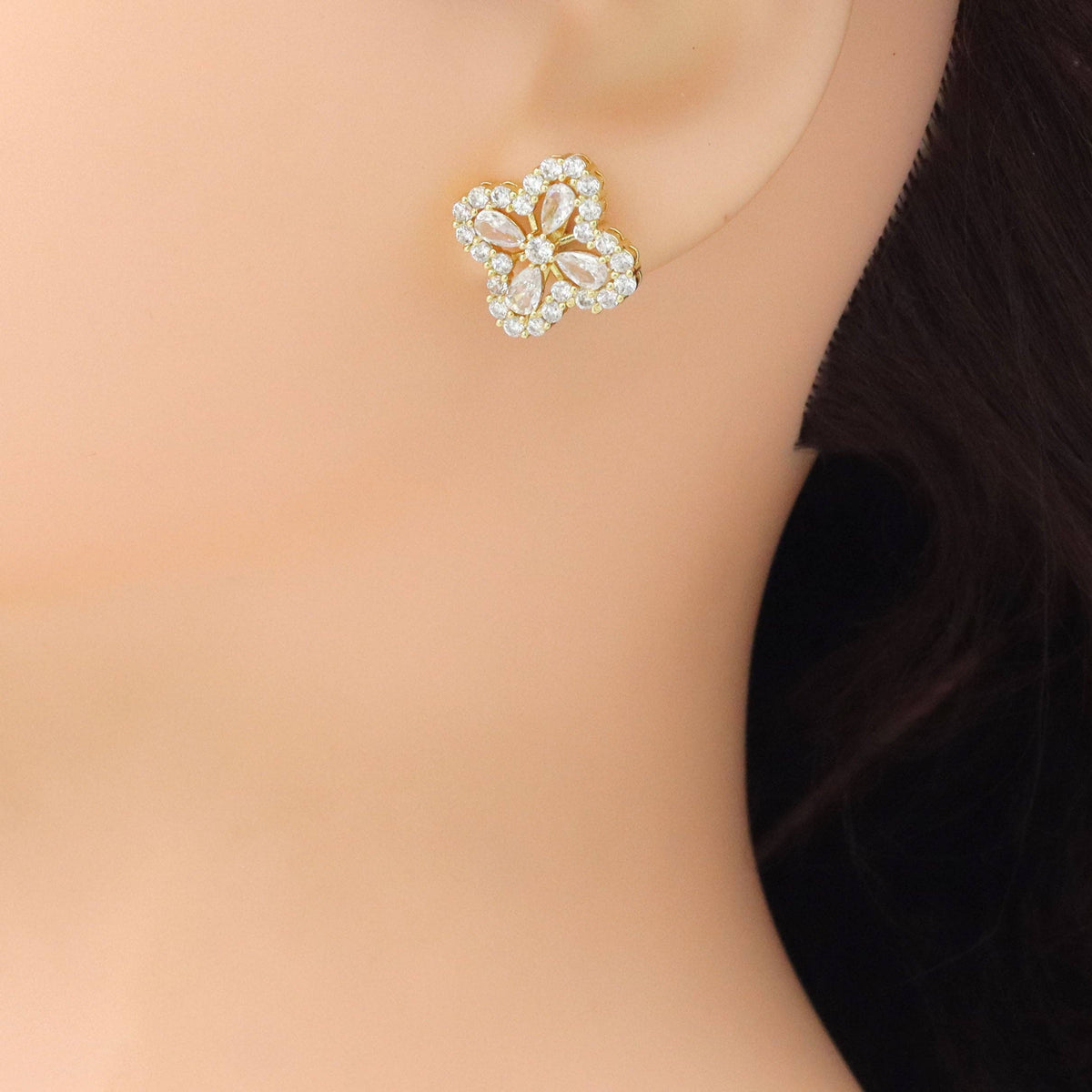 Clear CZ Crystal Gold Flower Stud Earrings, Sku#LX714/LX824