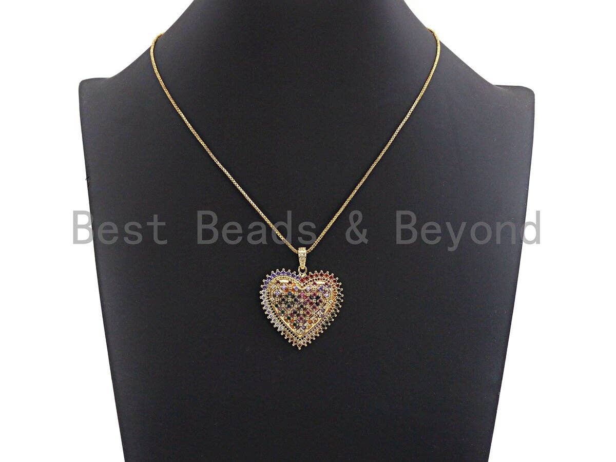 CZ Colorful Micro Pave Heart Gold With Baguette CZ Filigree Pendant, Heart Shaped Pave Pendant, Gold plated, 36x36mm, Sku#F948