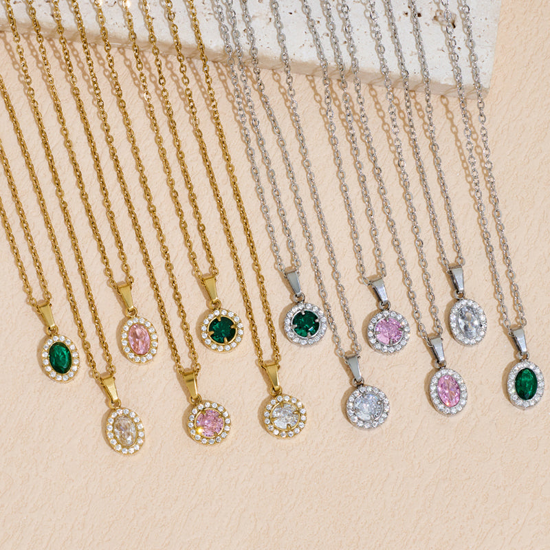 Stainless Steel Pendant Necklace With Zircon Inlay