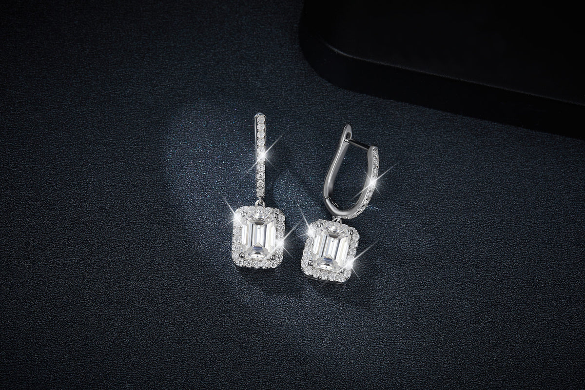 S925 Sterling Silver 6x8mm Emerald Cut Moissanite Halo Hoop Earrings  Platinum Plated Drop Earrings With GRA Certificate Luxury Jewelry Gift Box Set
