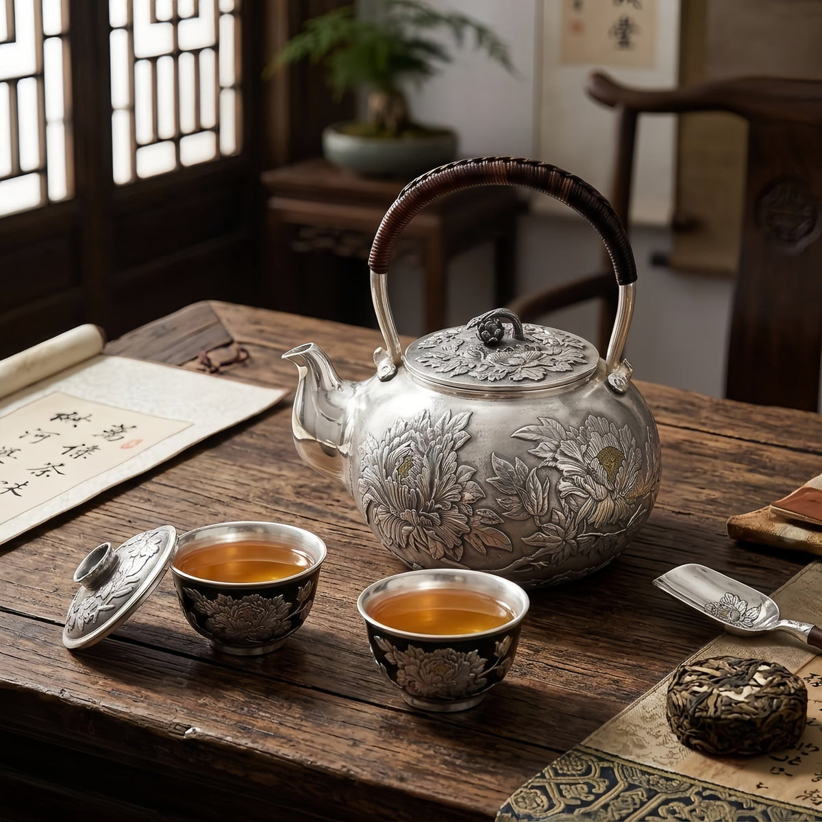 Pure 999 Fine Silver Elegant Silver Teapot with Intricate Peony Engravings and Traditional Woven Handle - Handicraft