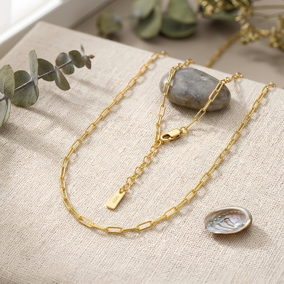 925 Sterling Silver Elegant Gold Paperclip Chain Necklace with Adjustable Length and Lobster Clasp