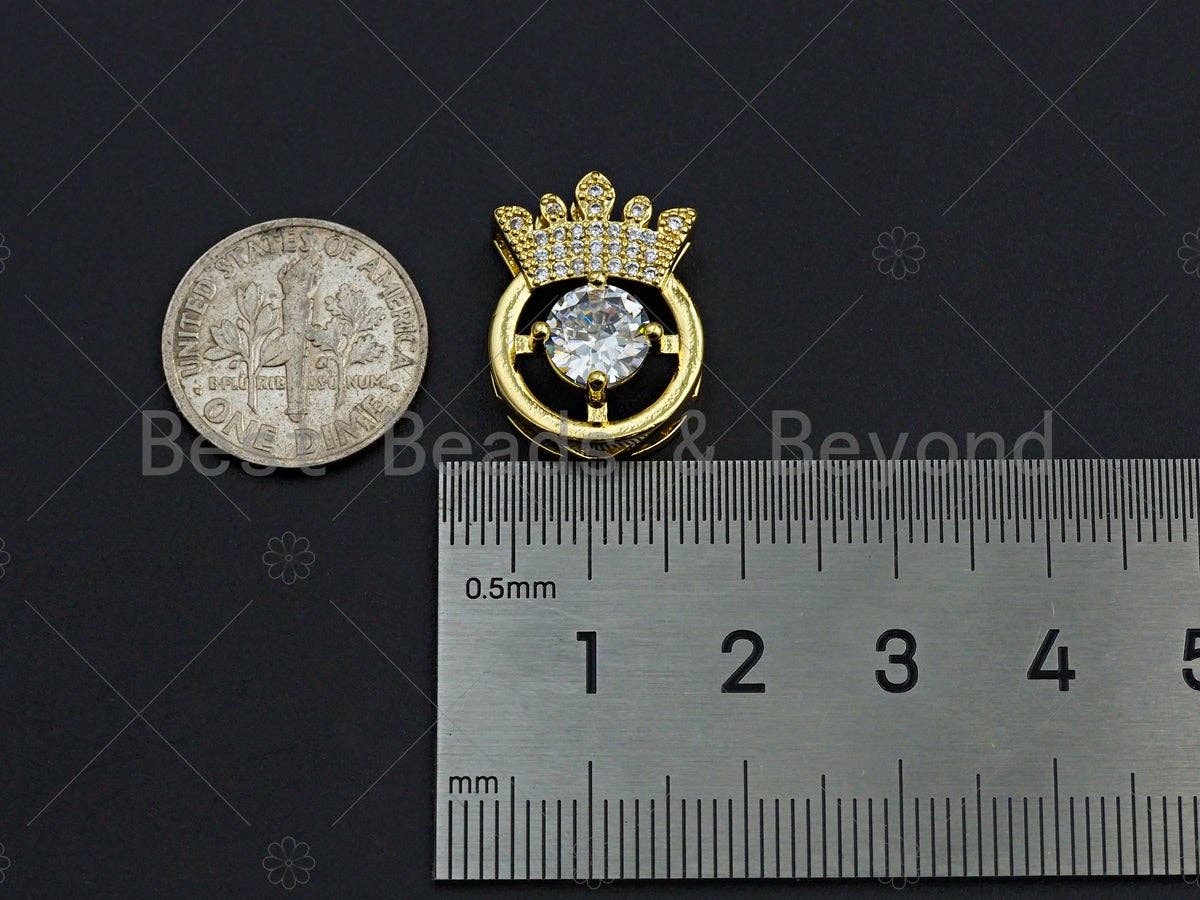 18K Gold Micro CZ Pave with Big CZ Crown Pendant, Gold Crown Charm,  Crown Beads, Jewelry Findings, 14x20mm, sku#LK47