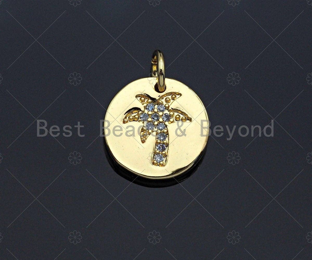 CZ Micro Pave Coconut Tree  on Disc Pendant/Charm, Sku#L320