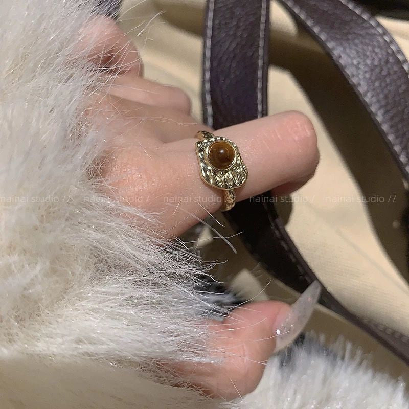 Vintage Tiger Eye Open Ring For Women, Maillard Retro Niche Design High-End Index Finger Ring