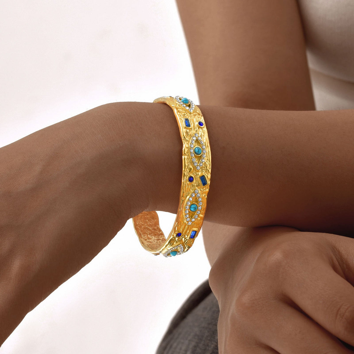 Stainless Steel Zircon Turquoise Eye Open Bracelet In Gold Color
