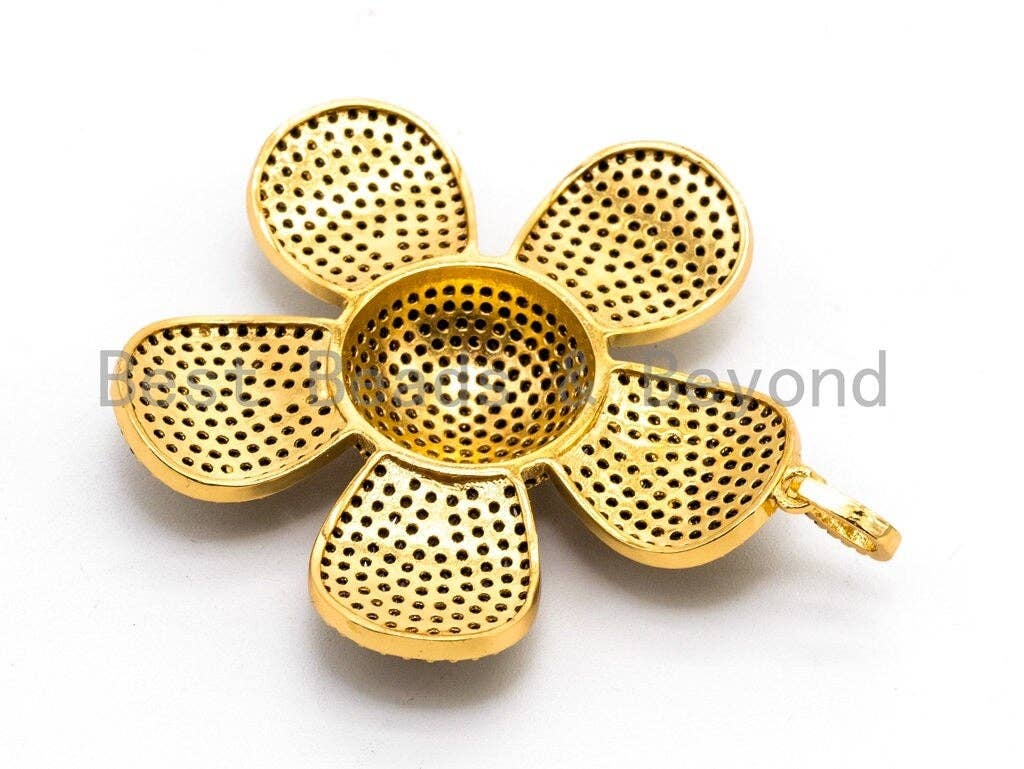 48x58mm CZ Micro Pave Large Daisy Flower Pendant, Black Cubic Zirconia Pave Mega Floral Pendant in Gold Black Finish,sku#F355