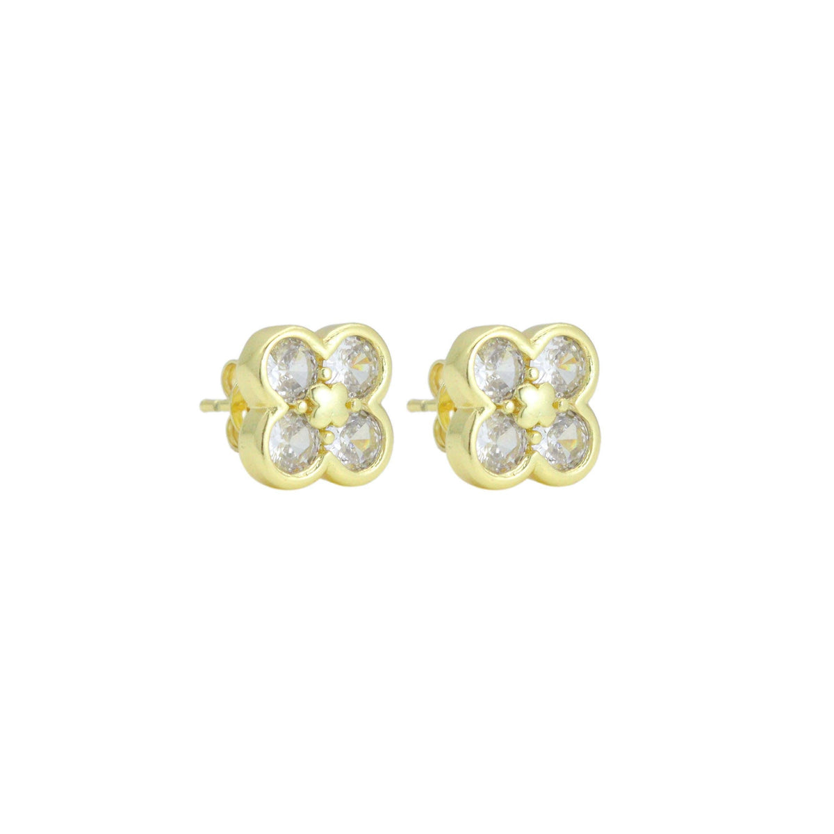 Clear CZ Gold Clover flower Stud Earrings, Sku#LK1136