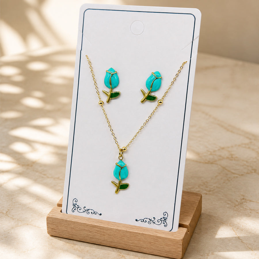 Gold Tone Enamel Tulip Flower Jewelry Set 2Pcs Women Pendant Necklace Stud Earrings Multi Color Floral Bud With Green Leaves Daily Party Dropshipping Gift