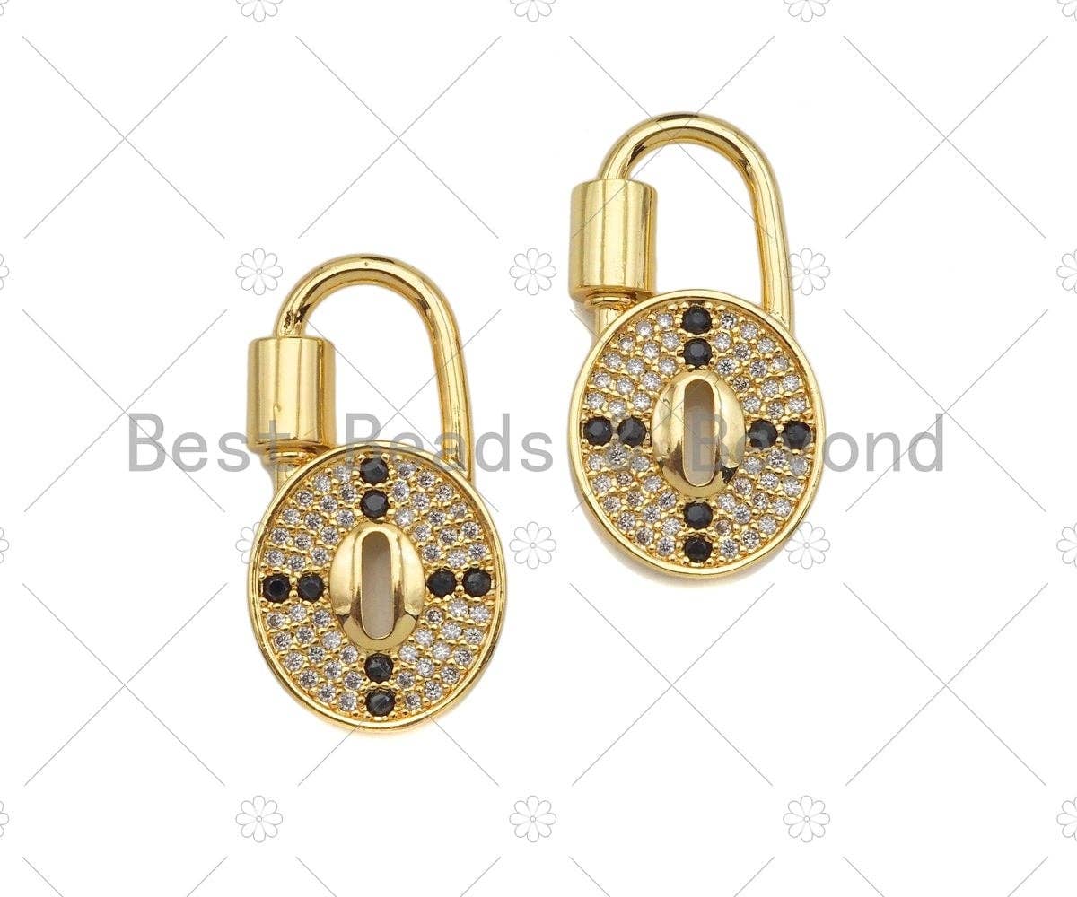 18K Gold Black Clear CZ Micro Pave Cross Oval Lock Clasp, Oval Lock Shape Clasp,Pave Lock,15x29mm,sku#K142