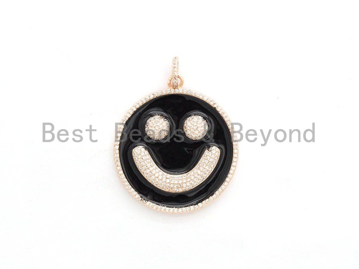 38mm Black Enamel Oil Drop Smiley Face Round Pendant, Gold/Rose gold/Black/Silver, Cubic Zirconia Pave Pendant, Happy face charm, SKU#F612