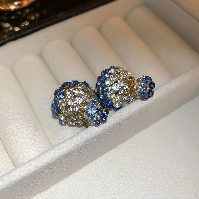 Silver Needle Diamond Round Earrings, Dual-Wear Front & Back, Korean Light Luxury Studs