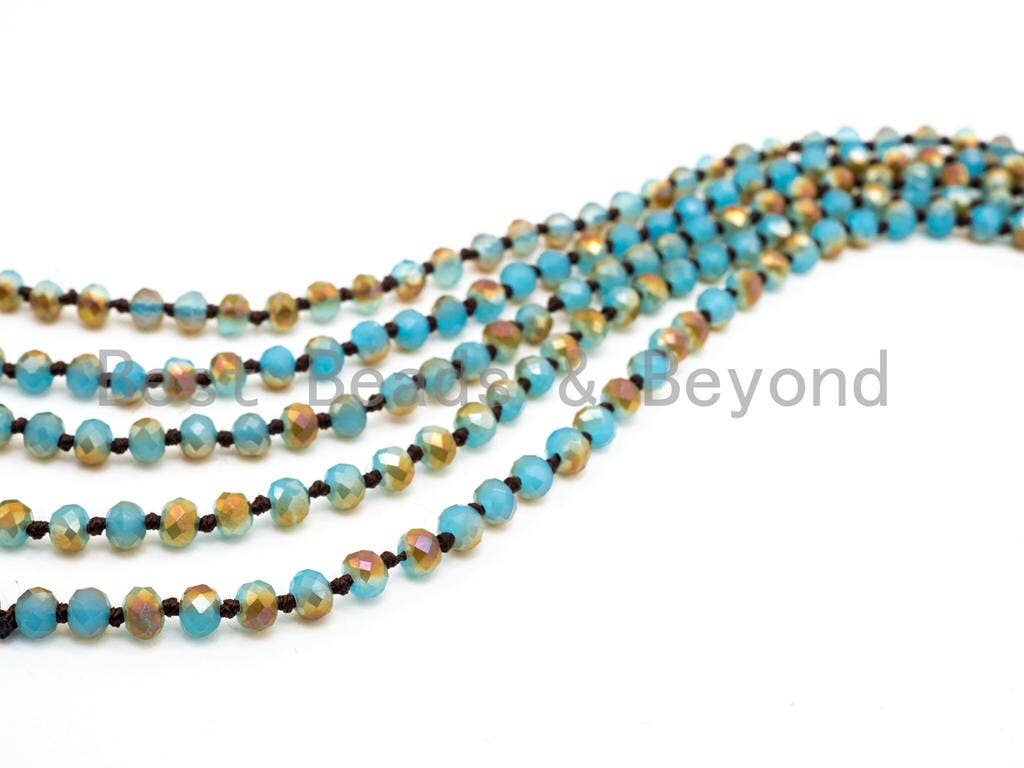 60/36 Long Hand Knotted Blue Gold Color Crystal Necklace, Double Wrap Necklace, Turquoise Color 4mm/8mm Rondelle Crystal Beads, SKU#D19