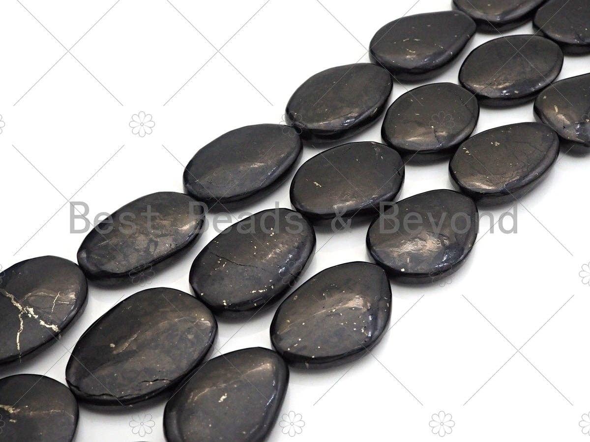 Top Quality Oval Shape Shungite, Smooth Flat Shungite, Healing Energy, Genuine Shungite Beads 30x40mm, 15.5" Full Strand, Sku#U986