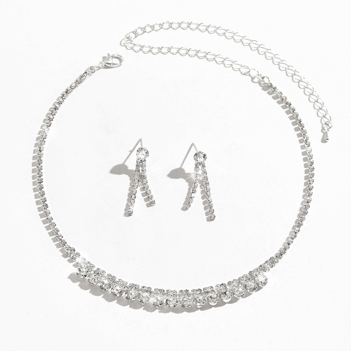 Womens Glamorous Bridal 2 Pcs Rhinestone Set,Silver Tone Graduated Round Stone Choker And Double Row Tassel Earrings For Wedding Party Wear