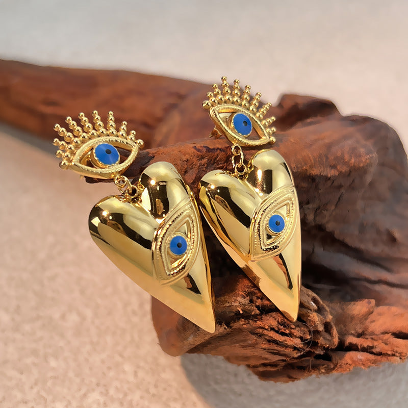 18k Gold-Plated Stainless Steel Dripping Oil Evil Eye Heart Earrings