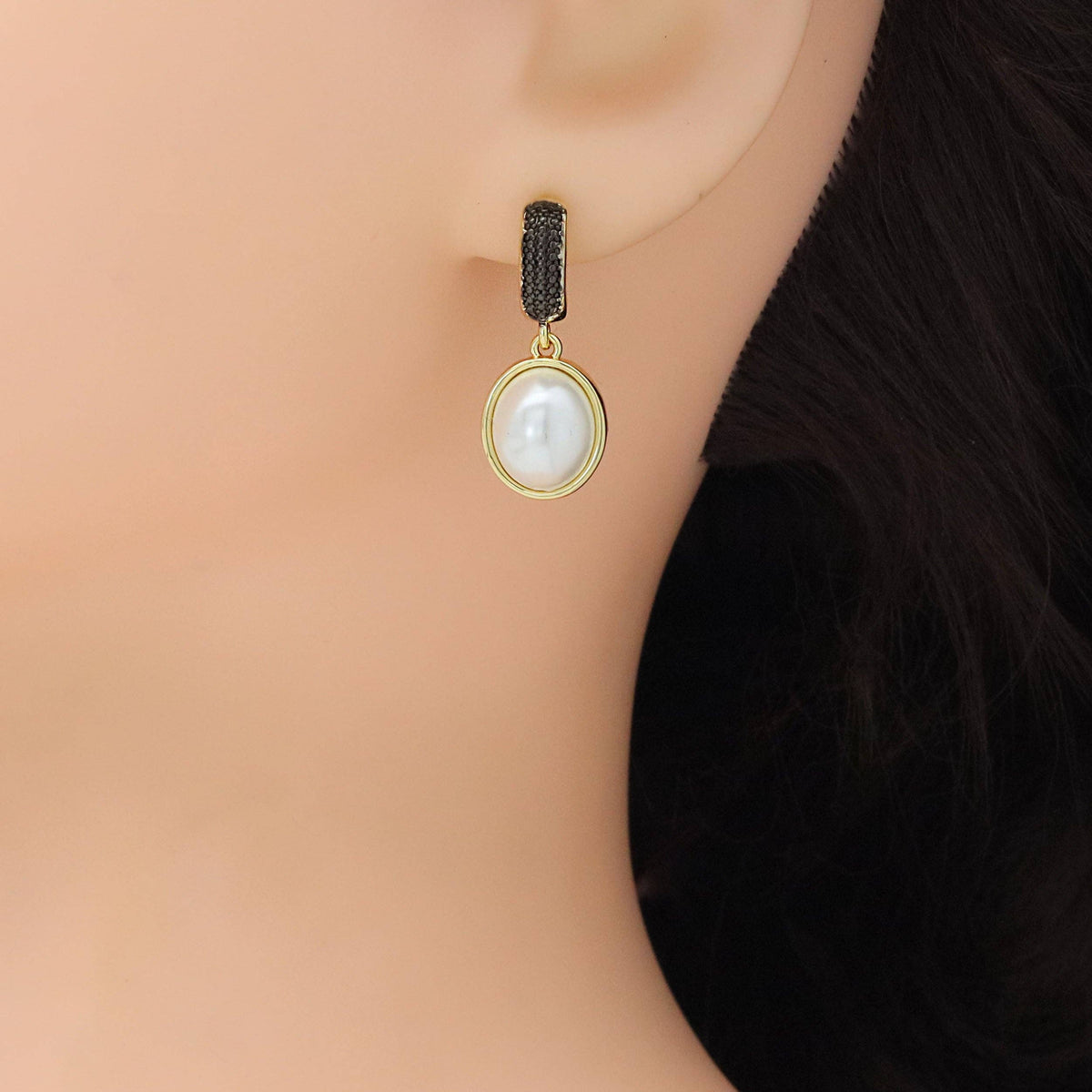 Black CZ Oval White Pearl Pendant Earrings, Sku#LX699