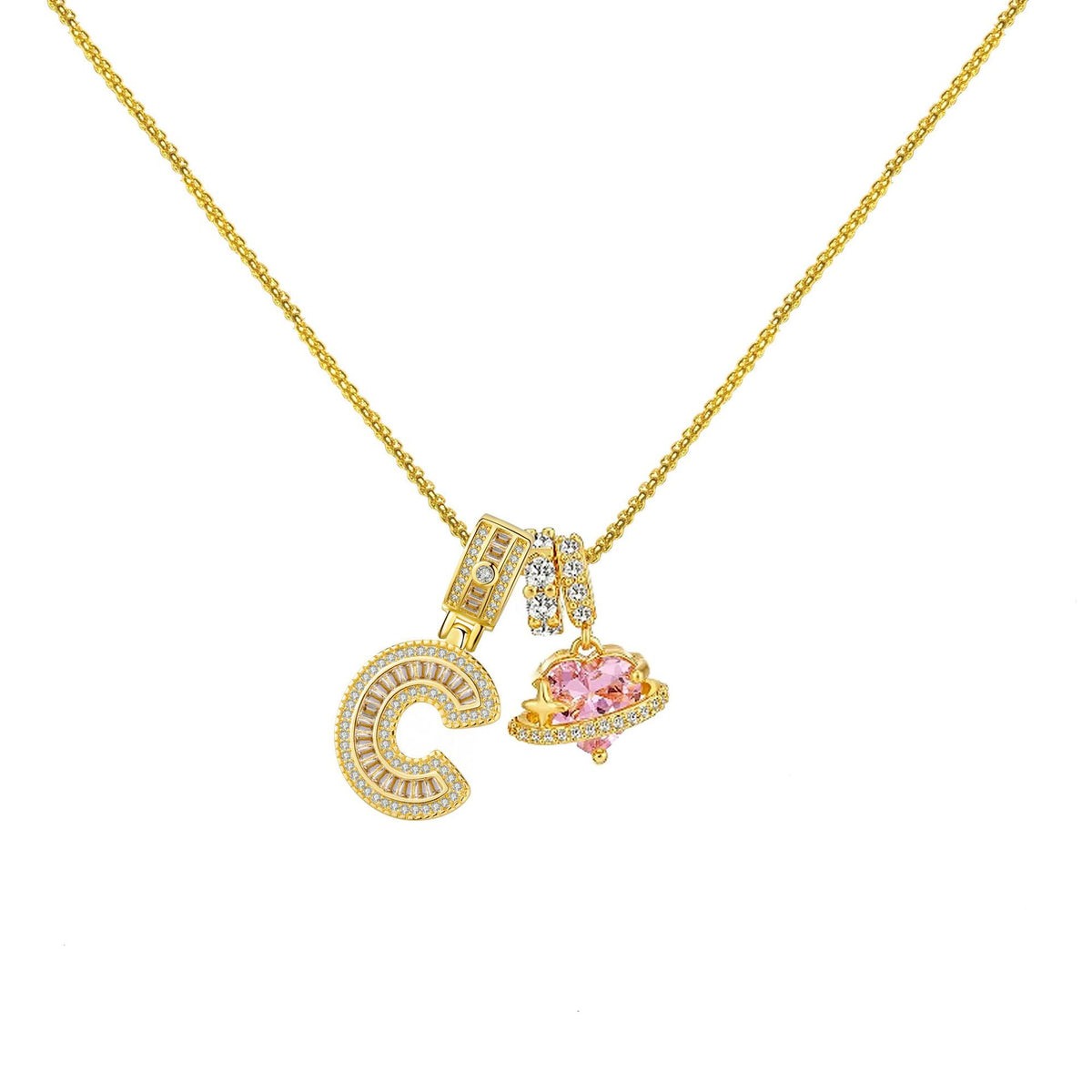 Gold-Plated Copper Planet Heart Pendant Necklace With Diamonds