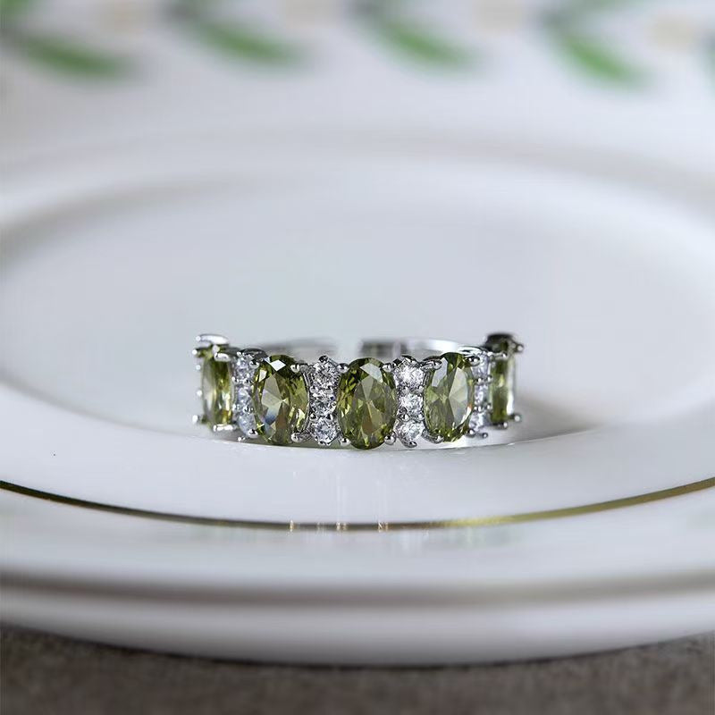 Minimalist Olive Green Gemstone Open Ring, Dainty Silver Jewelry For Women