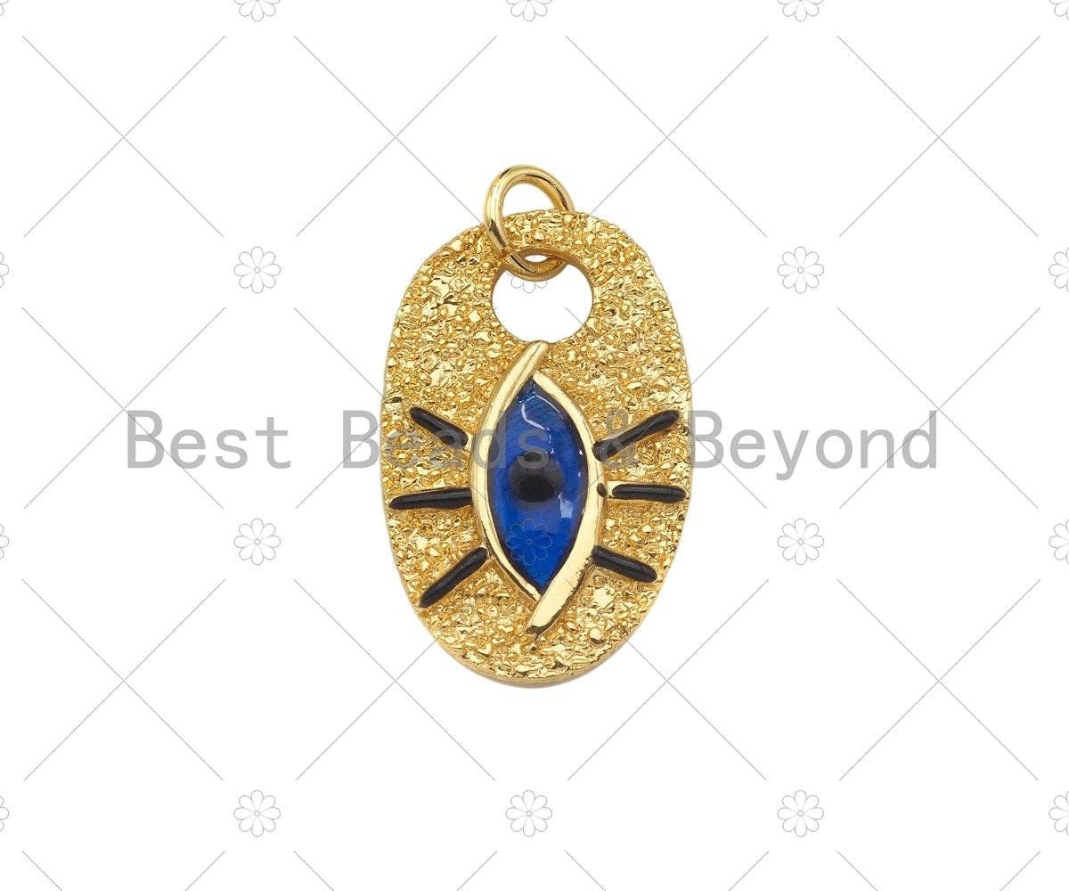 Cobalt Enamel Evil Eye On Oval Shape Pendant, 18K Gold Medallion Charm, Necklace Bracelet Charm Pendant, 25x16mm,Sku#L562